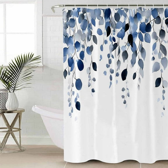 Navy Blue Eucalyptus Leaves Bathroom Curtain 78 Inch Shower Curtain with Hooks, Watercolor Summer Botanical Waterproof Polyester Bath Curtain Washable Bathtub Curtain 36''x 78''