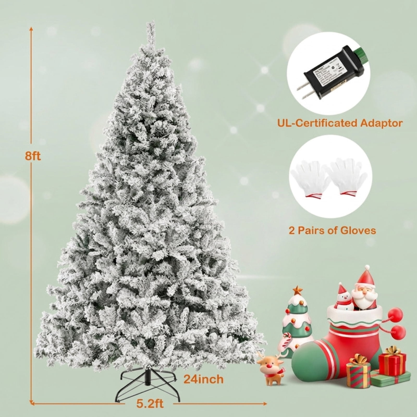 RUIE 8 ft Flocked Christmas Tree, Tall Pre-Lit Green White Artificial Xmas Tree with 600 LED Lights and 1370 Branch Tips for Home