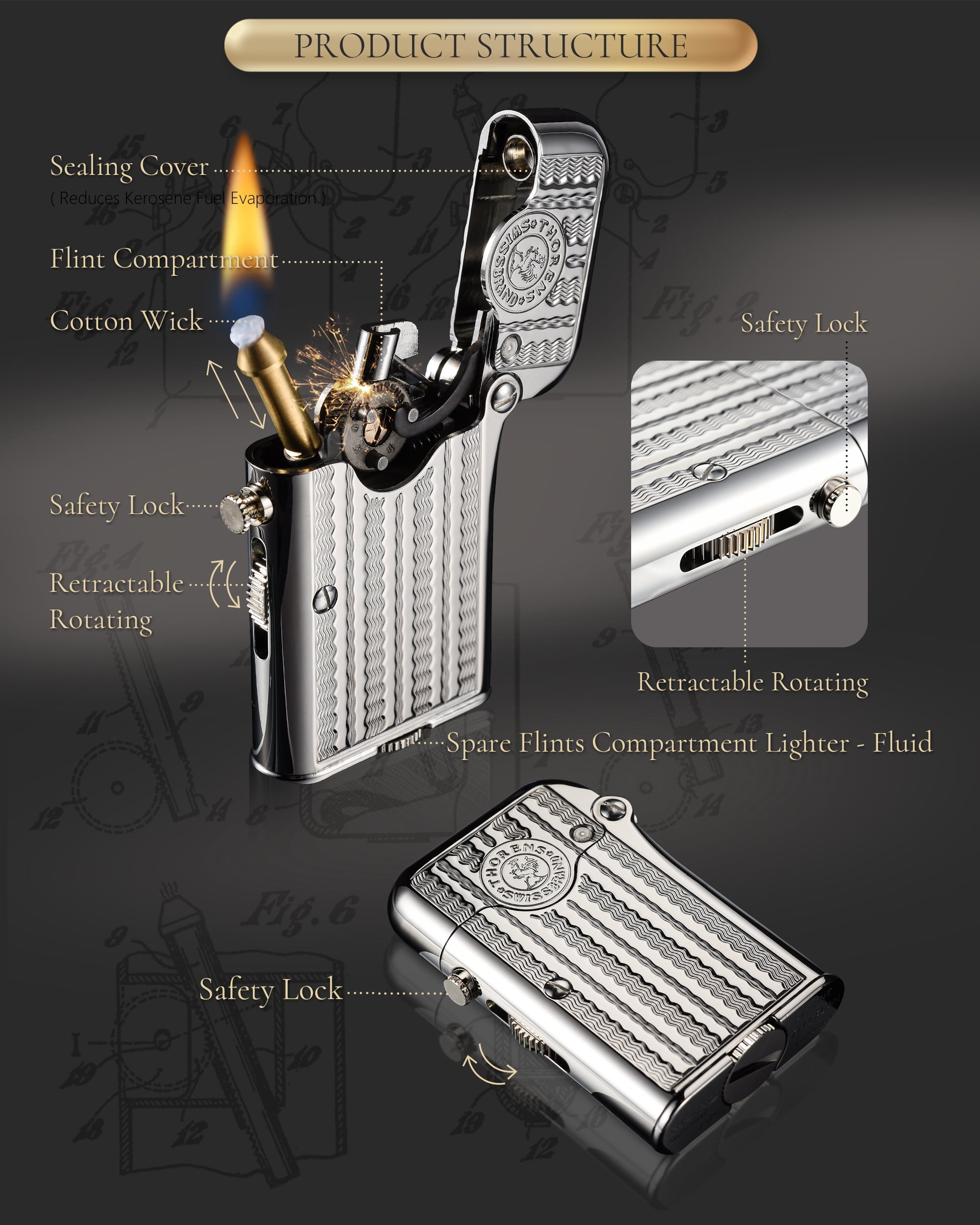 Gen 7 Single Claw TELEFLAM Classic Brass Kerosene Pipe Lighter,Ejection Auto-Ignition,Soft-Flame,Refillable,Safety Lock,Gift Boxed,Grinding Wheel, Birthday Gift for Dad,Thorens