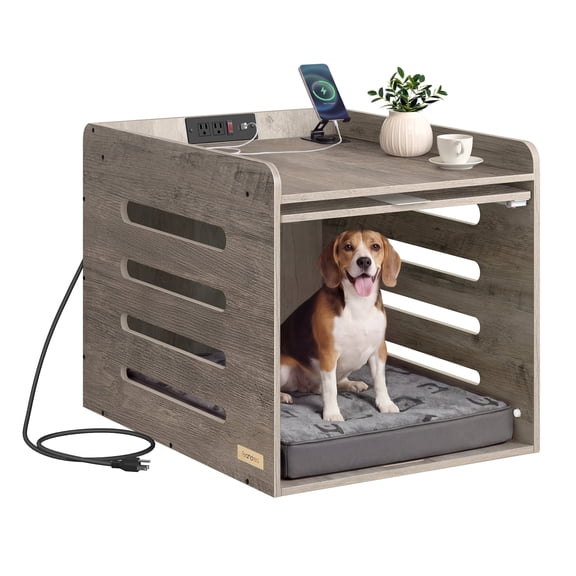 FEANDREA Dog Crate Furniture, Flip-Up Hidden Door, Charging Station, Dog House Indoor for Pets up to 45 lb, Pet Side End Table Cage, Heather Greige