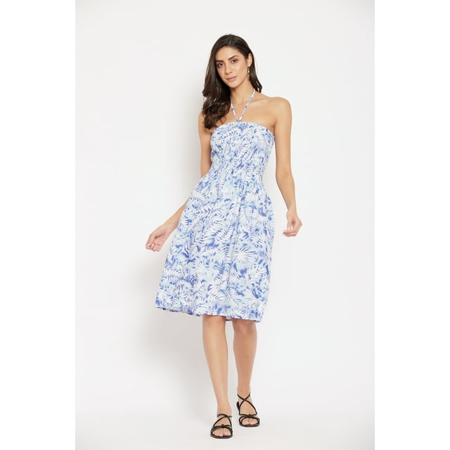 Oussum Robe Tube Courte pour Femmes Sans Manches, Robes d'Été, Bleu et Blanc