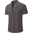 thumbnail image 3 of HAOMEILI Men's Cotton Linen Lace-Up V-Neck Short Sleeve Shirt, 3 of 5