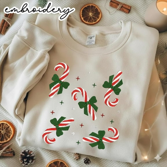 Embroidered Candy Cane Sweatshirt, Merry Christmas Gifts, Pocket Minimal Candy Cane Sweater, Embroidery Xmas Sweets Sweatshirts, Candy Shirt