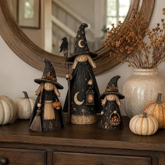 Vintage Woodland Witch Trio Wooden Halloween Decor, Rustic Witch Figurines Set, Farmhouse Fall Tabletop Decorations for Mantel Shelf Home Party Display