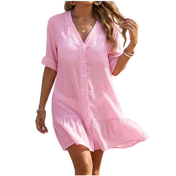 ShomPort Women's Casual Shirt Dresses Thin See Through V Neck Short Sleeve Ruffle Beach Cover up Dress