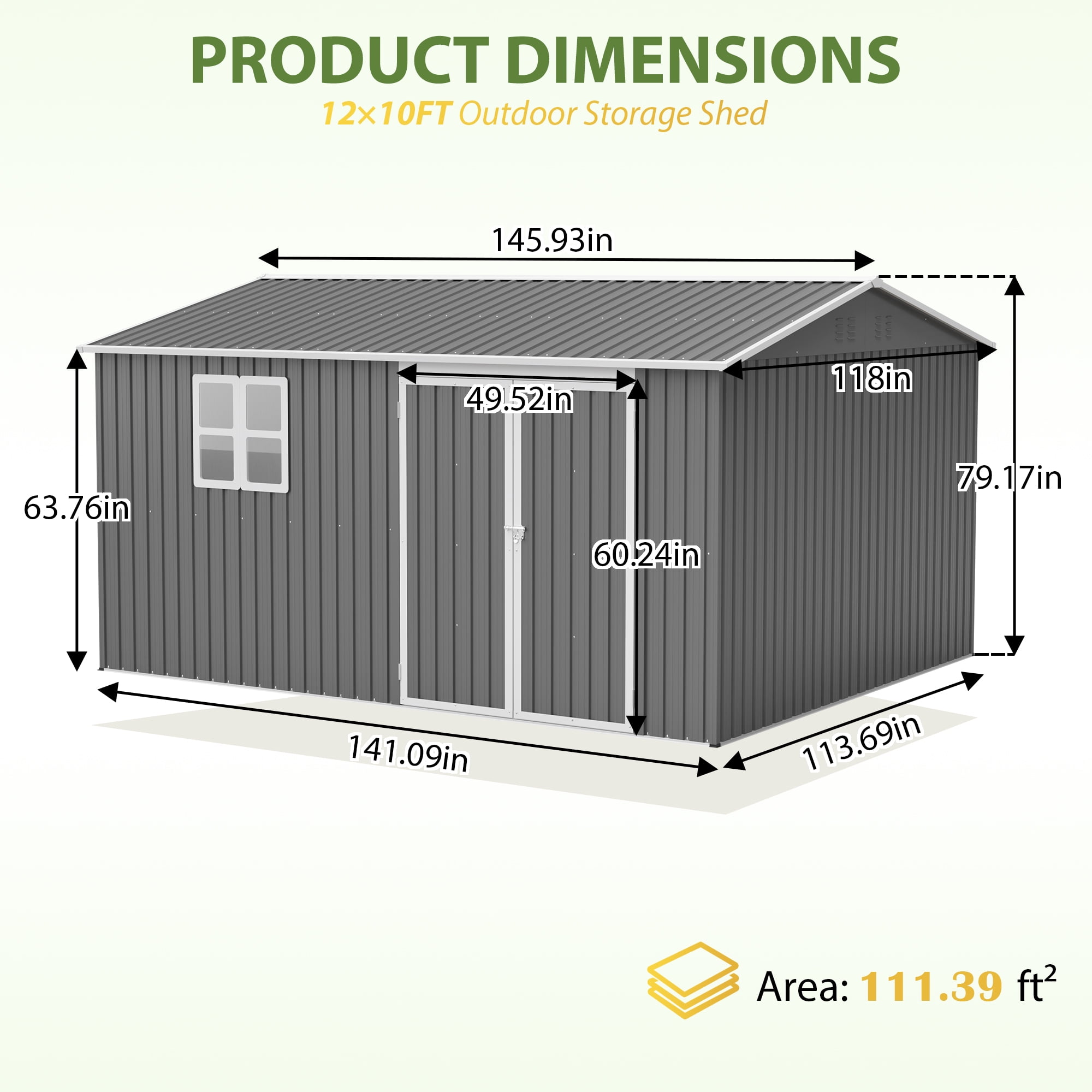 LZBEITEM 12'x10' Outdoor Storage Shed with Floor Frame & Window, Metal Garden Shed Kit, Backyard Shed, Lockable Doors for Backyard Patio Lawn, Gray