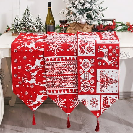

GROFRY Table Runner Heat-resistant Tassel Design Knitted Fabric Wear-resistant Reusable Decoration Gift Xmas Tree Elk Snowflake Christmas Dinning Tablecloth Cover for Kitchen