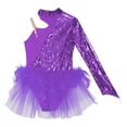 thumbnail image 5 of iixpin Kids Girls Sequins Ballet Dance Leotard One Shoulder Long Sleeve Gymnastics Bodysuit Costume Tulle Mesh Skirt Purple 6, 5 of 6