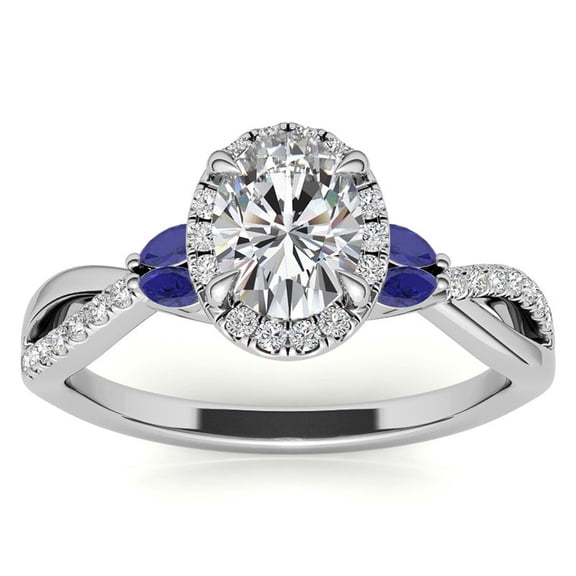 Auory Timeless Cross Over Engagement Moissanite and Blue Sapphire Ring for her