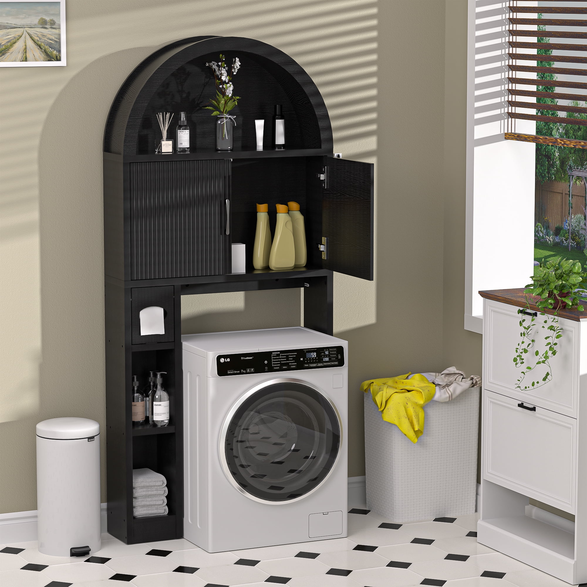 HARIPUL Over The Toilet Storage Cabinet w/ Unique Wood Grain & Arc Design, Freestanding Bathroom Shelf Organizer Space Saver w/ Doors & Anti-Tip Device, Black