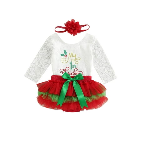 

Ma&Baby 3Pcs My 1st Christmas Baby Girl Lace Long Sleeve Romper Bodysuit Tutu Dress Outfit Set