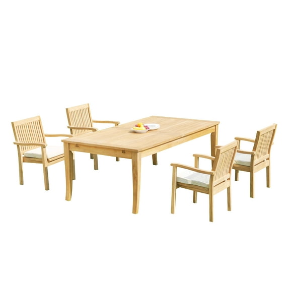 Grade-A Teak Dining Set: 4 Seater 5 Pc: 122" Atnas Rectangle Table And 4 Leveb Stacking Arm Chairs Outdoor Patio WholesaleTeak #51LV2805