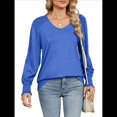 thumbnail image 3 of Camisas Casuales Holgadas de Larga para Mujer, Blusas Fruncidas con Cuello en V, Blusas de Moda. Azul XL, 3 of 10