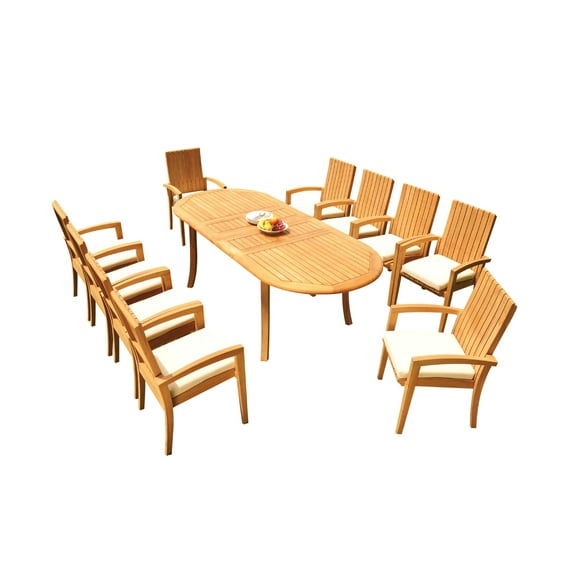 Grade-A Teak Dining Set: 10 Seater 11 Pc: 94" Oval Table And 10 Goa Stackng Arm Chairs Outdoor Patio WholesaleTeak #51GO1211