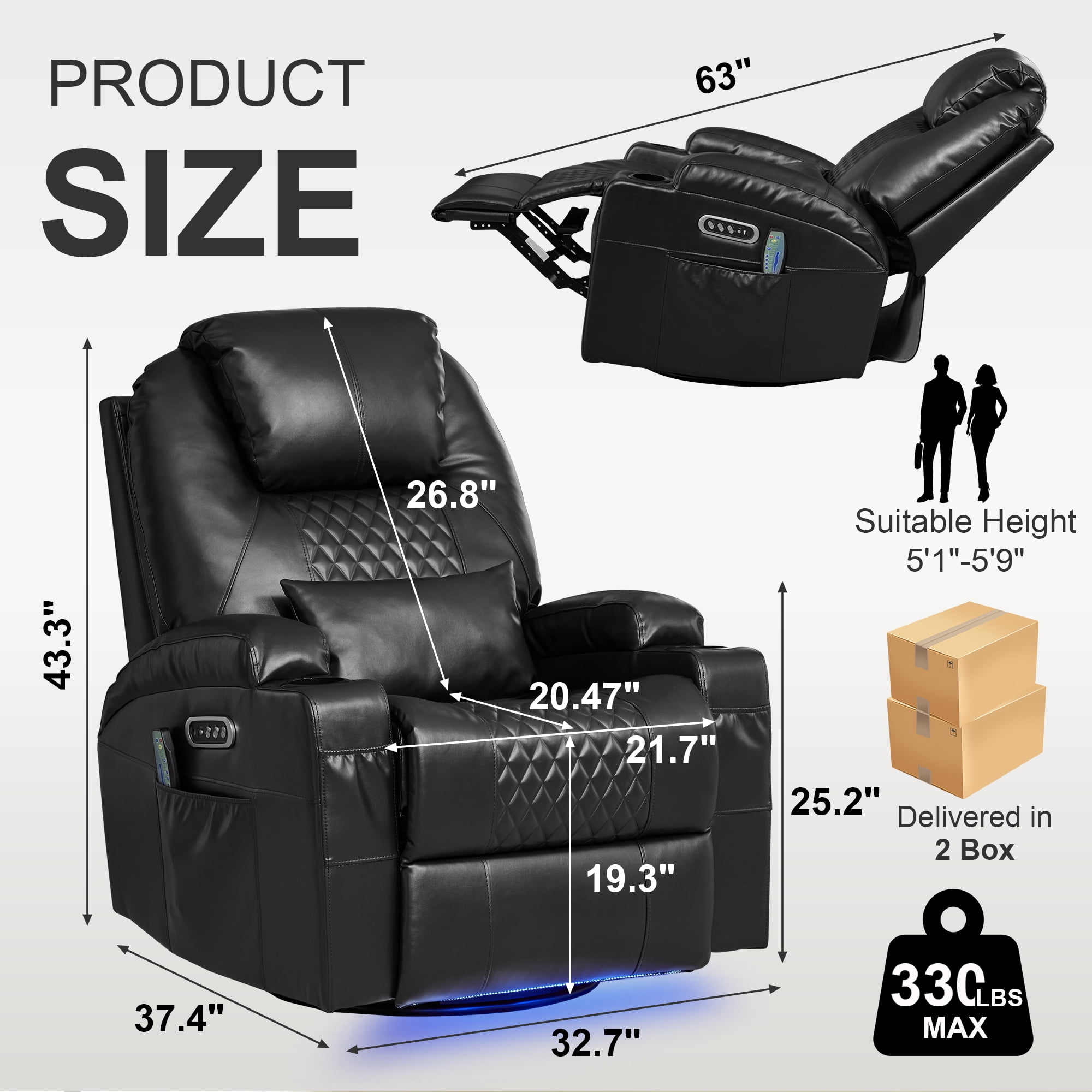 Dual Motor Power Swivel Rocker Recliner Chair for Adults with Heat and Massage, Electric Wall Hugger Rocking Recliner for Nursery Living Room with LED Lights, USB A&C Ports