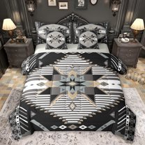 Feelyou Black Triangle Aztec Bedding Comforter Set 7pcs, Boho Rustic Farmhouse Queen Bedding Sets, Grey Stripes Lines Reversible Queen Sheet Sets, Ultra Soft Bedroom Decor