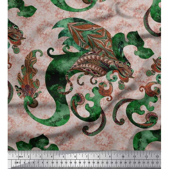 Soimoi Japan Crepe Satin Fabric Leaves Paisley Printed Fabric 1 Yard 42 Inch Wide