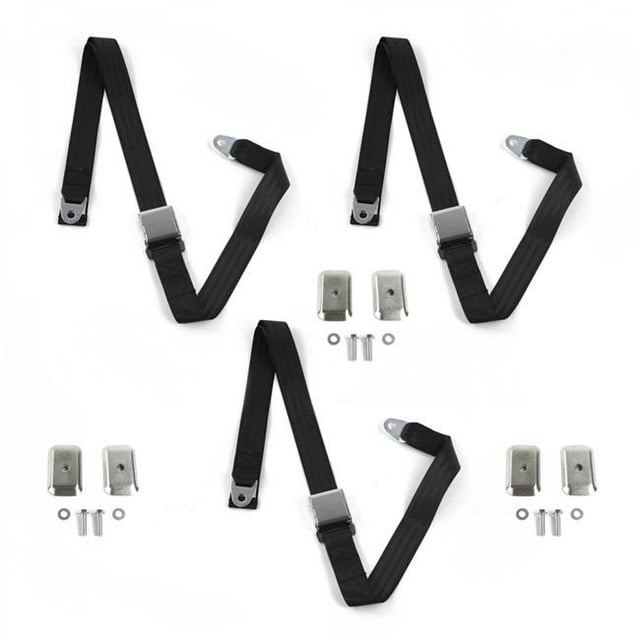 Ford 1932 Model B Airplane 2 Point Black Lap Bench Seat Belt Kit with Bracketry - 3 Belts
