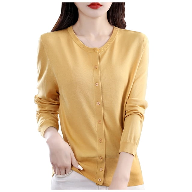 HBFAGFB Cardigan pour Femmes Col Rond à Boucle Chandail Tricoté Polyvalent Vestes à Manches Longues Jaune Taille TG