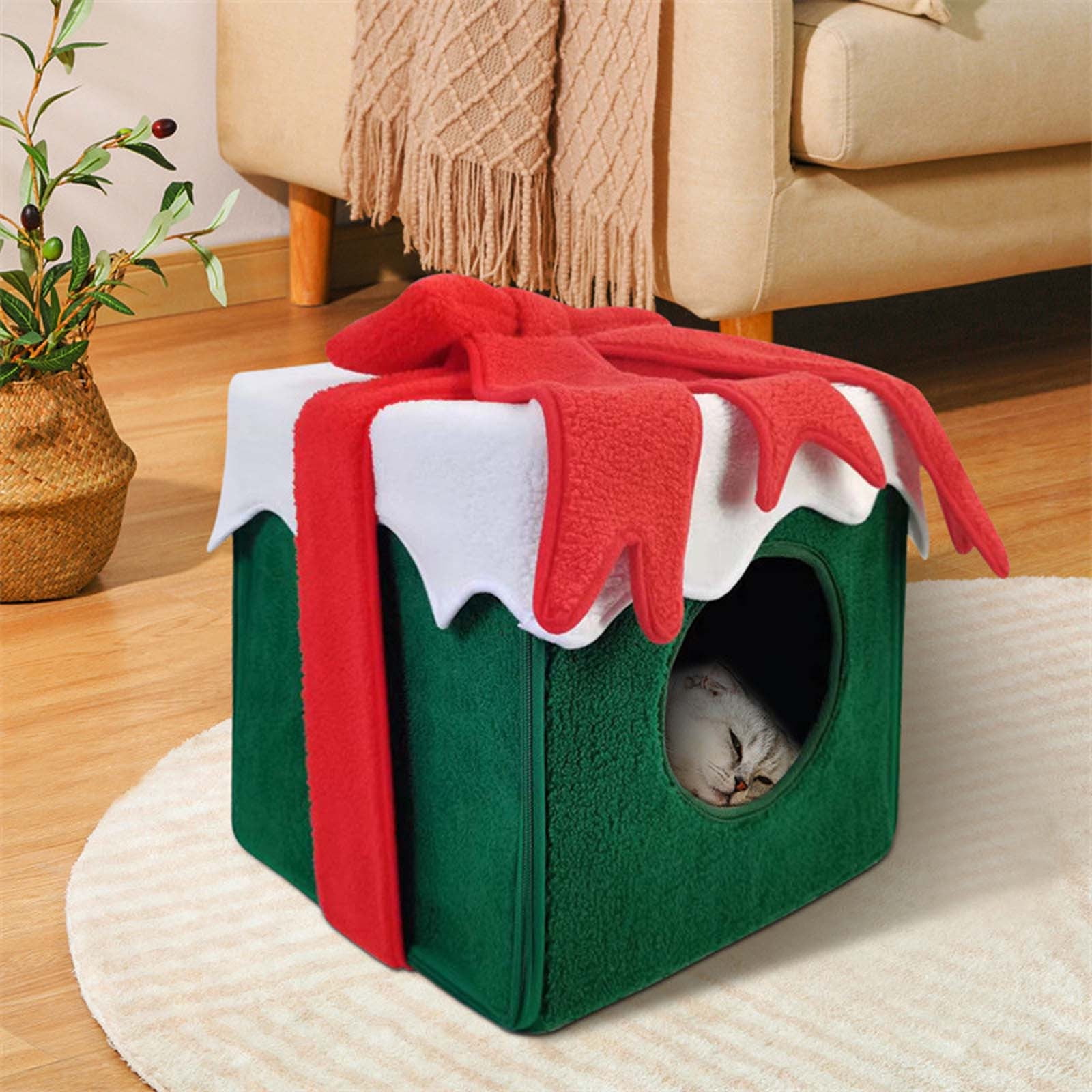 KIHOUT Christmas Cat House, Indoor Cat Bed, ( 12.40 x 12.40 x 12.40 inch) Size Cube for Kitten and Small Cat, Removeable Cat Cave with Non-Slip Bottom, for Cat