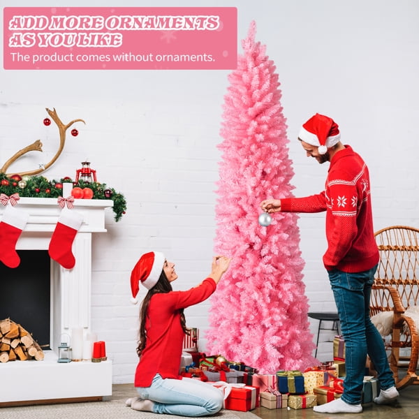 Alvantor 7.5 ft Unlit Artificial Pencil Christmas Tree, 1075 PVC Branch Tips, Hinged, Metal Stand, Snowy Pink