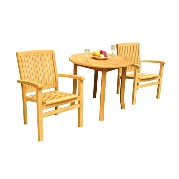 Grade-A Teak Dining Set: 2 Seater 3 Pc: 36" Round Table And 2 Wave Stacking Arm Chairs Outdoor Patio WholesaleTeak #51WV0703