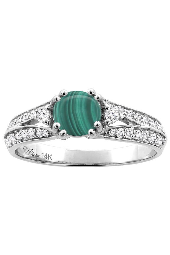 14K White Gold Natural Malachite Engagement Ring Round 6 mm & Diamond Accents, size 5