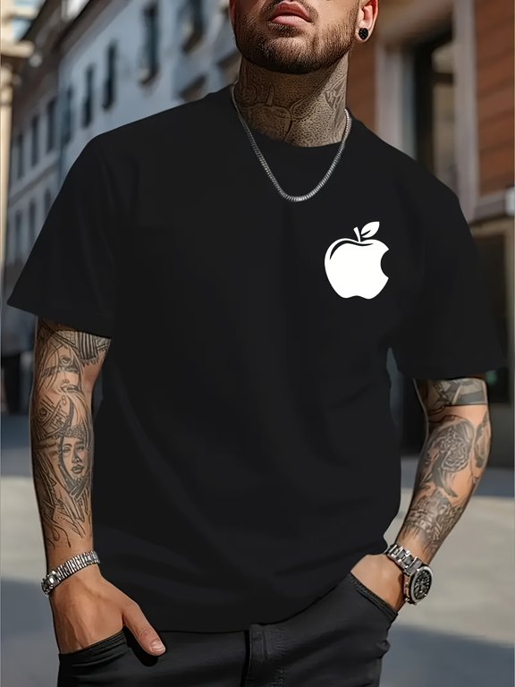 Men's Casual Short-Sleeve T-Shirt - 100% Lightweight Polyester, Regular Fit Round Neck, Featuring a Bold Apple Logo Print, Machine Washable, Suitable for Sports and Casual Wear, Smooth Fabric