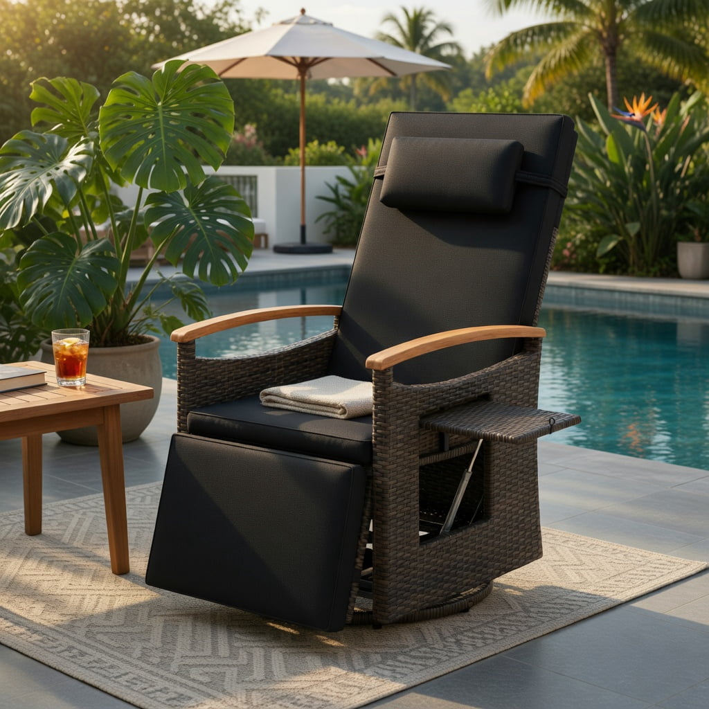 Hommoo 360° Swivel Outdoor Recliner Chair with Adjustable Backrest & Footrest, PE Rattan Patio Seating for Backyard, Porch, Poolside, Black