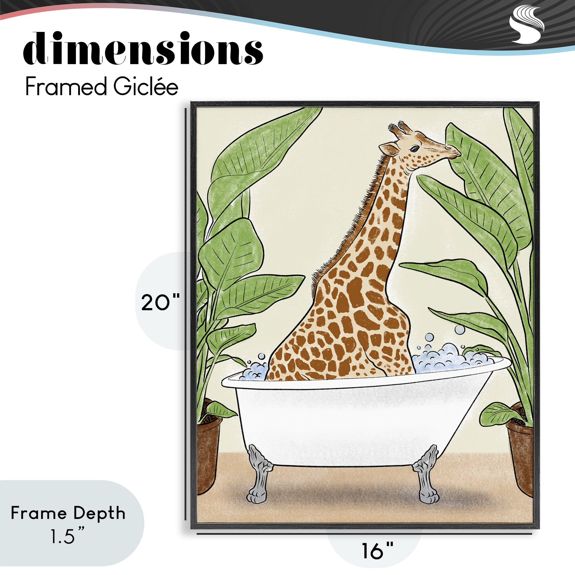 Stupell Industries Bathing Giraffe & Plants Black Framed Giclee Art, design by Marcus Prime