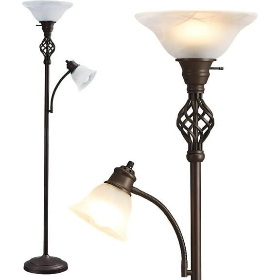 Torchiere Floor Lamp for Living Room, LED Standing Reading Light for Bedroom with Glass Shade for Living Room Corner Bedroom Home Office,Bulbs Included (Red Brown,Glass 2 Head)