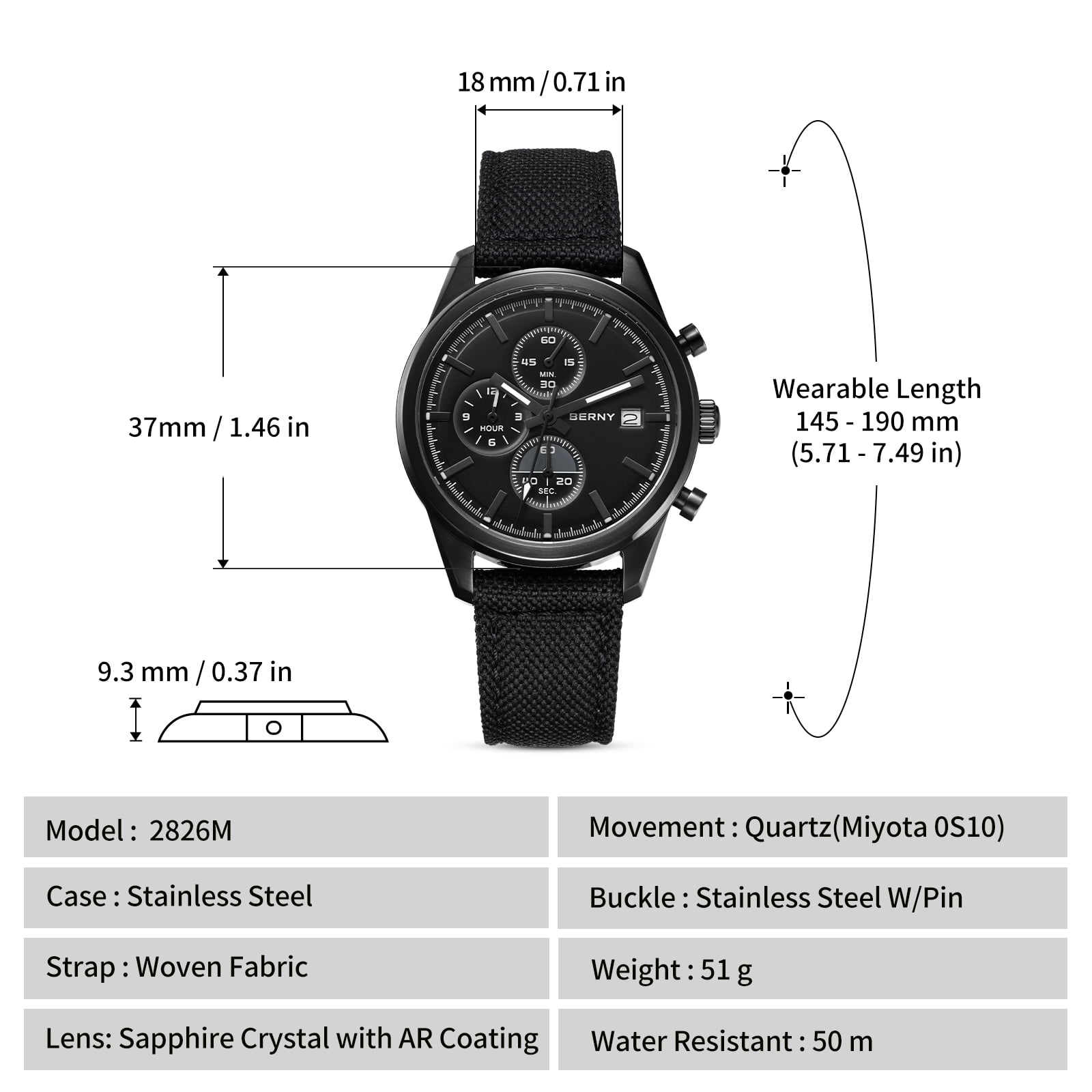 BERNY Mens Watches Analog Quartz Chronograph Watch with Date Canvas Strap Luminous Sapphire Crystal Luxury Fashion Business Casual 50M Waterproof Wrist Watches for Men (Black)