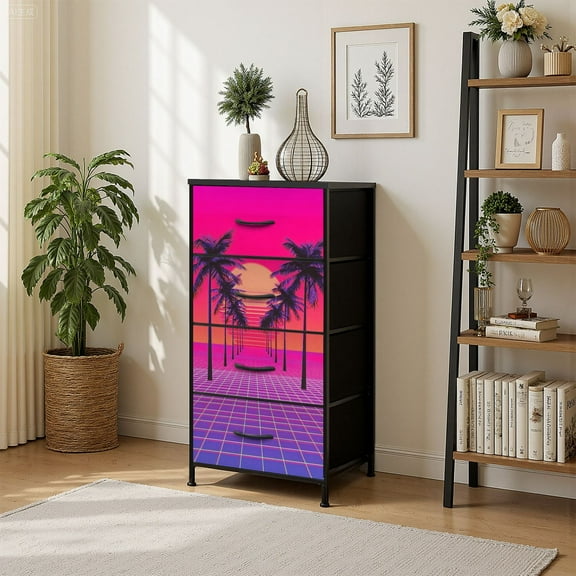 4 Drawer Vertical Storage Dresser Retrowave sun palm trees 19s style with Wood Top Fabric Pull Drawers