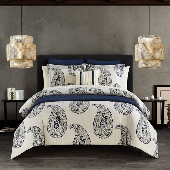 Chic Home Maison 9 Piece Comforter And Quilt Set Contemporary Two-Tone Paisley Print Bed In A Bag - Sheet Set Decorative Pillows Shams Included, Twin, Navy