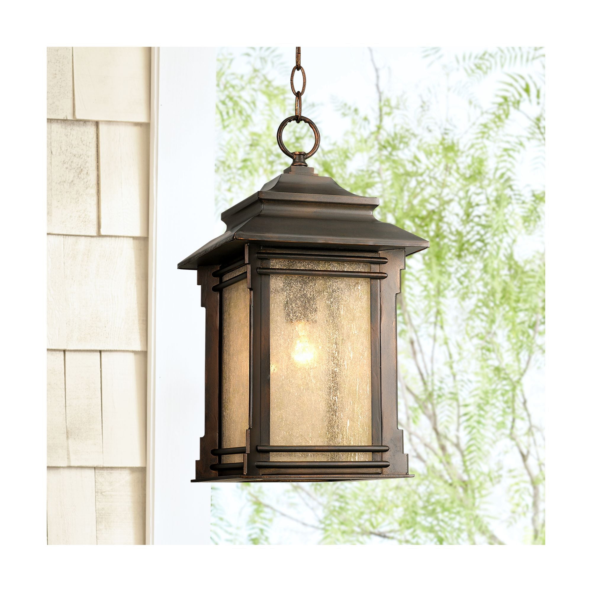 Franklin Iron Works Rustic Outdoor Ceiling Light Hanging Lantern Walnut