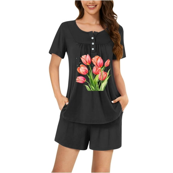 Womens Summer Pajama Set Short Sleeve Shirt and Pajama Pants 2 Piece Ladies Pjs Sets Fashion Floral Pajamas Sets