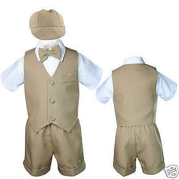 New Infant Boy & Toddler Summer Vest Shorts Outfits 5pc Set Khaki 0-24M,2T 3T 4T
