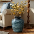 thumbnail image 3 of LuxenHome Rippled Blue with Brown 15.75-Inch Tall Round Ceramic Vase, Decorative Home Accent, 3 of 10