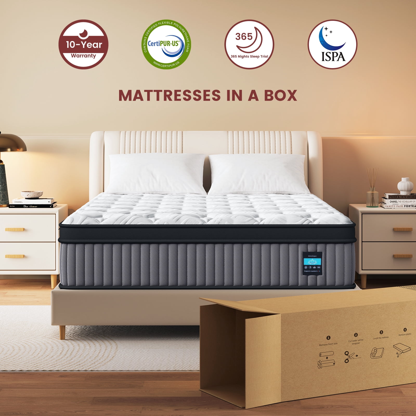 Sleepmax Veluna 14" Firm Queen Hybrid Mattress, 365-Night Trial, Euro Top, Adult, Pain Relief