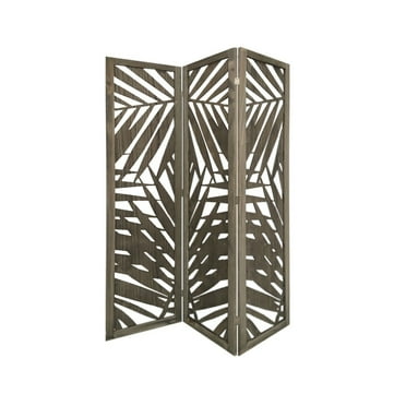 Sg-363 Tropical Leaf Design 3 Panel Wooden Papete Screen Room Divider - Grey