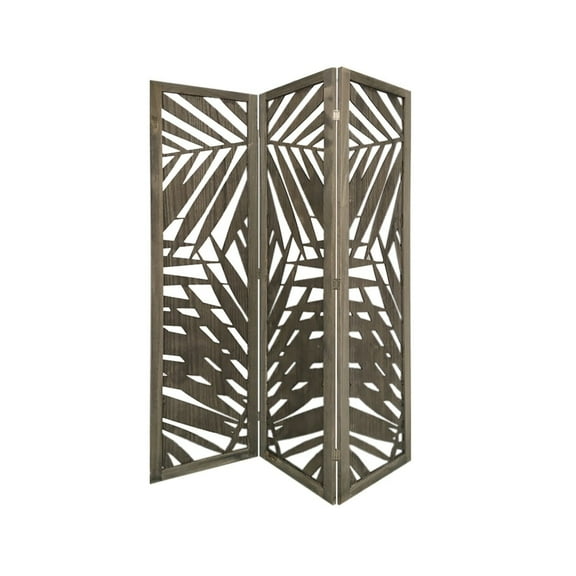 Sg-363 Tropical Leaf Design 3 Panel Wooden Papete Screen Room Divider - Grey