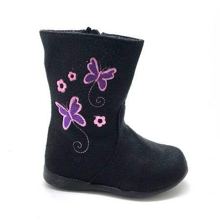 Little Girls Black Butterfly Embroidered Side Zip Boots
