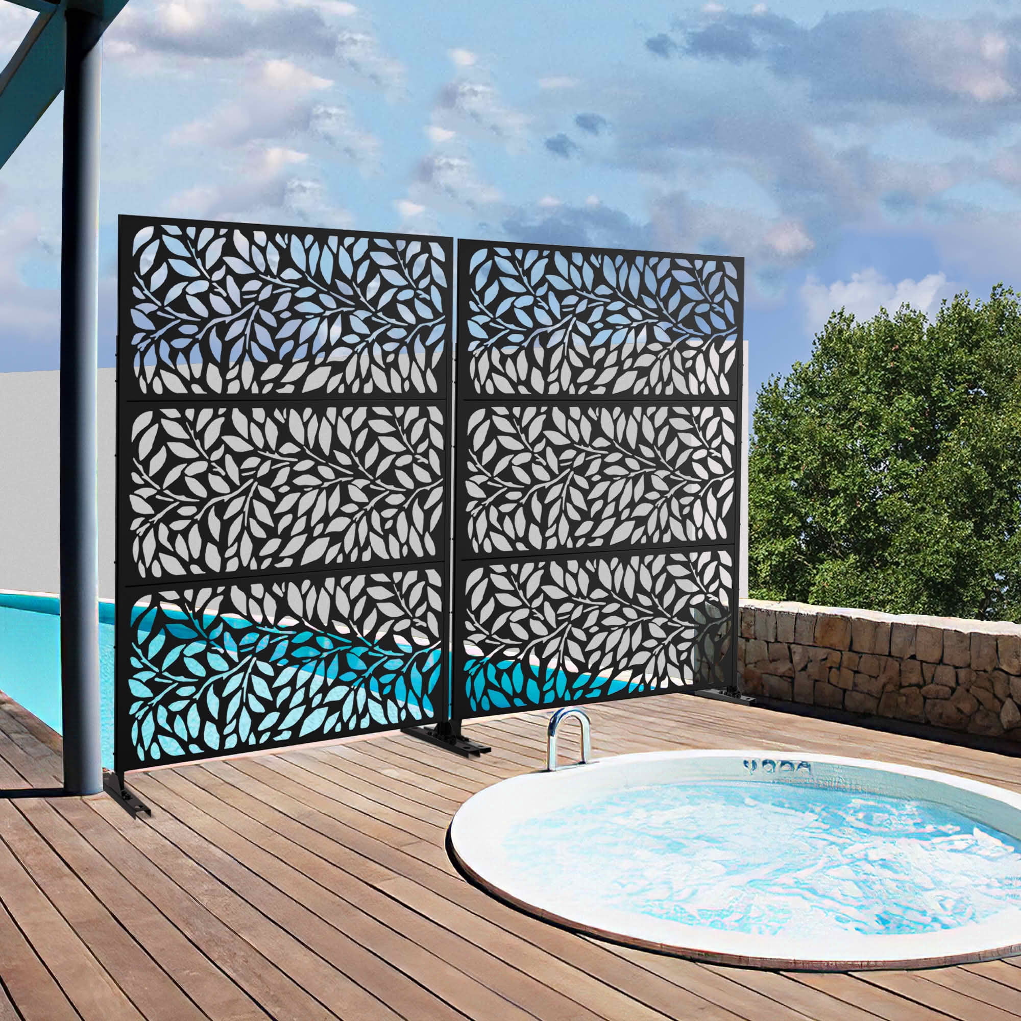 MAYEERTY Black Galvanized Metal Privacy Screen, Outdoor Garden Patio, 72×47×16in