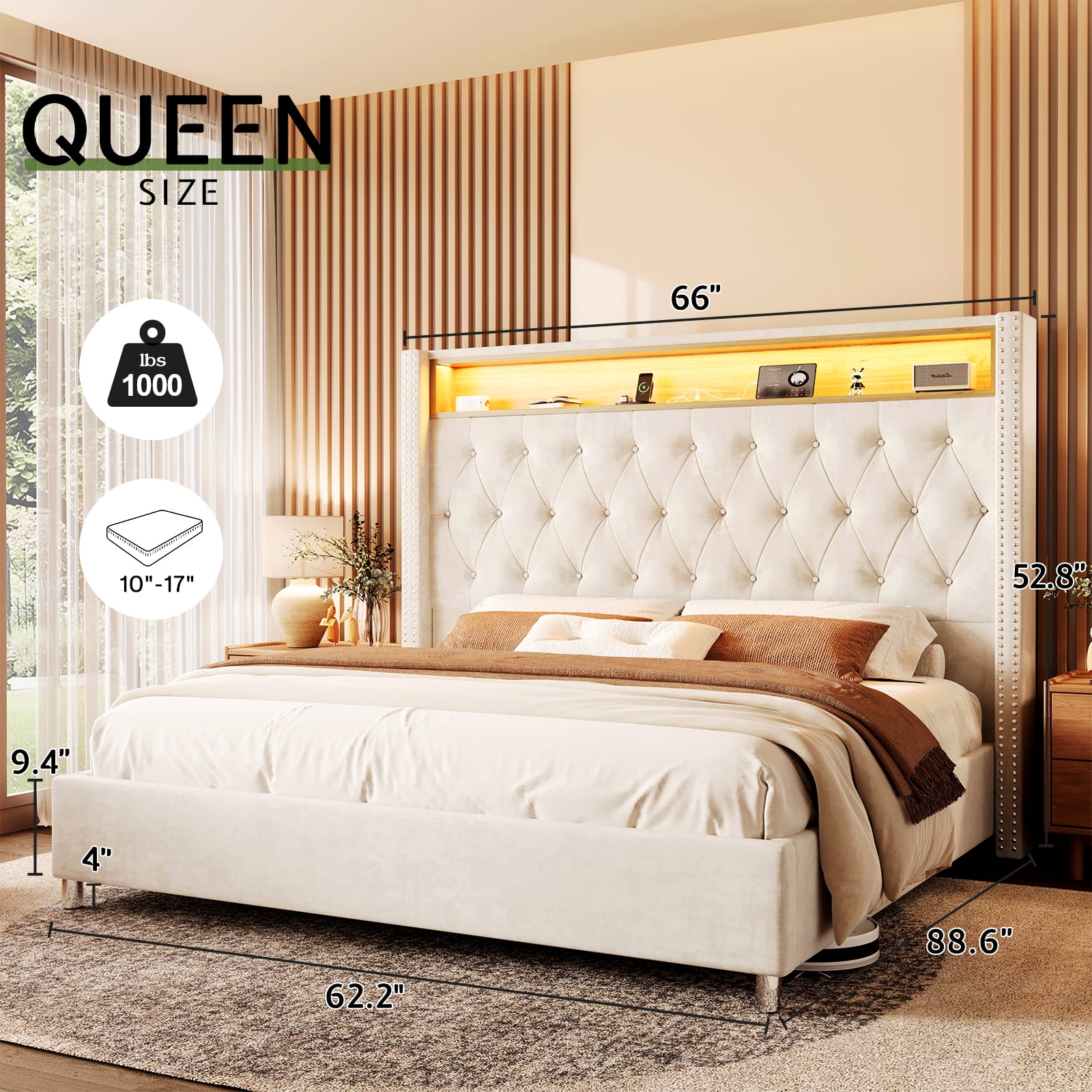 LUXOAK LED Queen Bed Frame,Charging Station and Storage Upholstered Headboard/Velvet/Cream