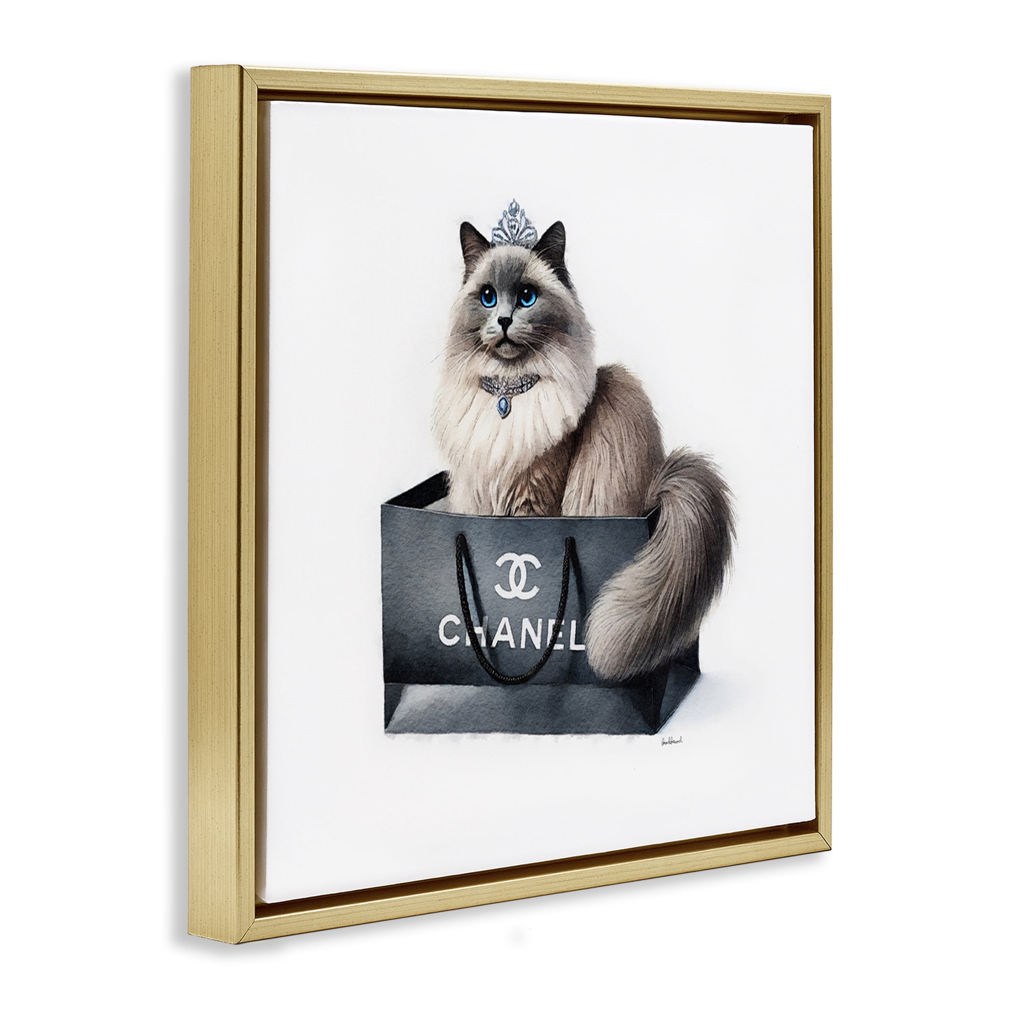 Stupell Industries Glam Cat Shopping Bag Animals Painting Gold Floater Framed Canvas Art Print Wall Art, 25 x 25
