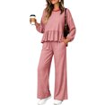 thumbnail image 4 of Szluipve Women Gingham Plaid 2 Piece Outfit Long Sleeve Ruffle Hem Loose Top Wide Leg Cropped Pants Casual Loungewear Set Pink S, 4 of 5