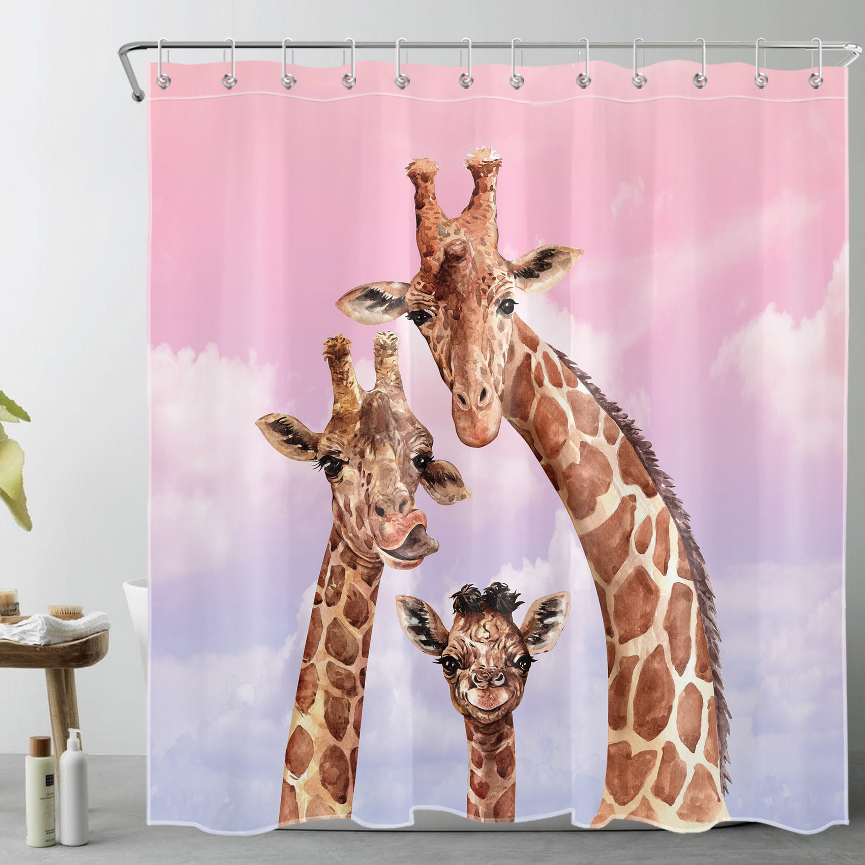 HVEST Wild Animal Giraffe Shower Curtain Decor, Pink Purple Sky White Cloud  Funny Animal Shower Curtains for Bathroom 72X78 inch Polyester Fabric  Bathroom Decoration Bath Curtains Hooks Included 