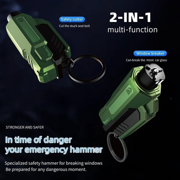 2-In-1 Car Safety Hammer & Cutter Keychain, Emergency Window Breaker With Silicon Steel Alloy Hammer & Stainless Steel Cutter, Portable Car Escape Tool For Vehicle (O Green)