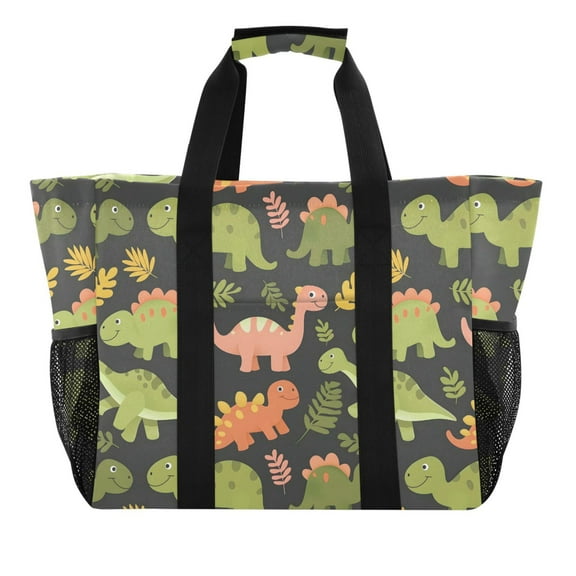 Cartoon Dinosaur with Leaf Reusable Grocery Bags with Handle Side Pocket Waterproof Shopping Portable Tote