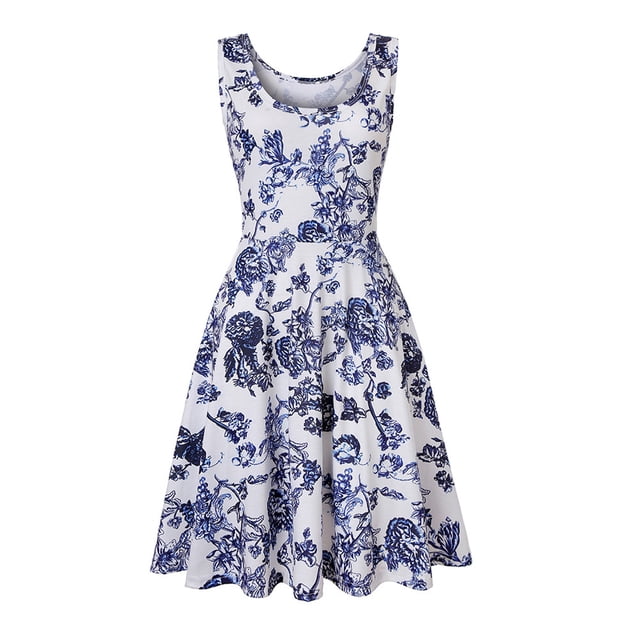 Pompotops Mode Robe Débardeur Sans Manches Imprimée Col en V Ligne A Robe Longue